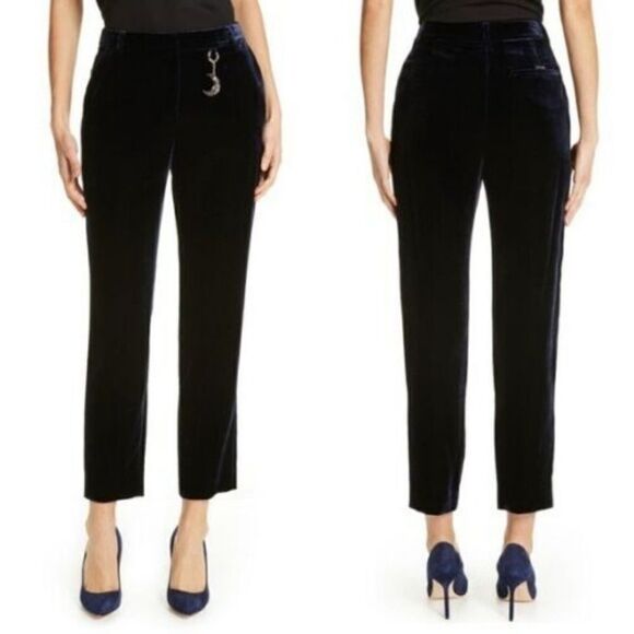 Ted Baker Navy Velvet Plaat Cropped Trouser Pants Sz 1 - Picture 1 of 11